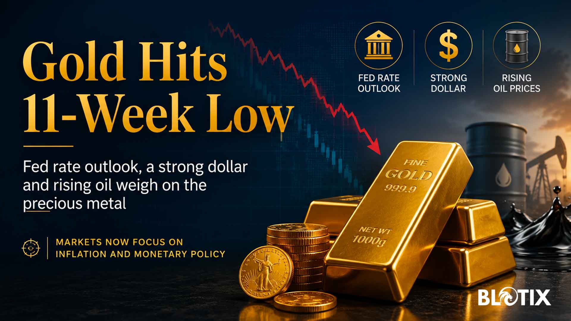 L’oro perde forza e tocca i minimi di undici settimane tra tassi Fed, dollaro forte e rincaro del petrolio