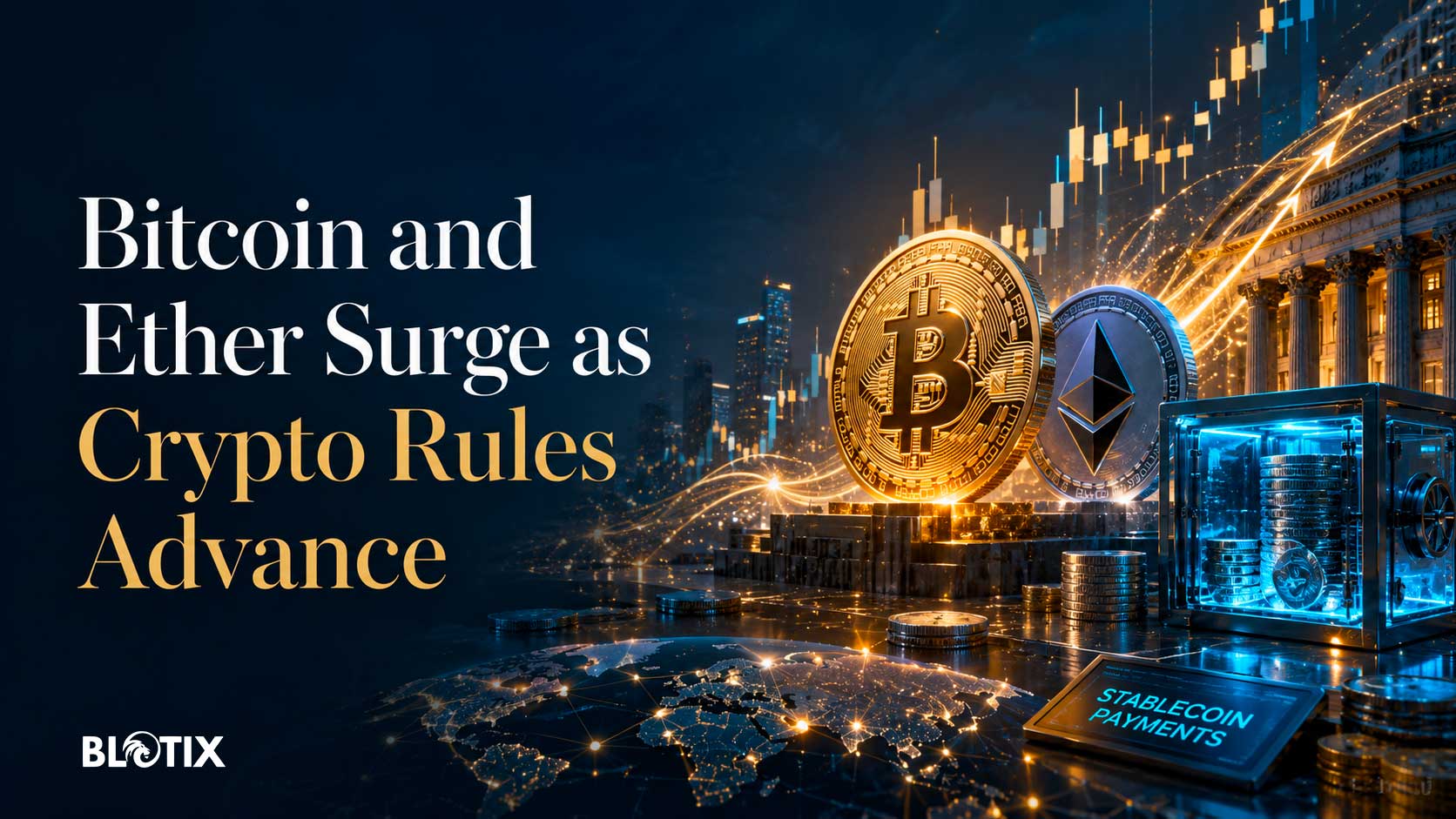 Bitcoin ed Ether scuotono il mercato tra short squeeze, nuove regole USA e stablecoin nei pagamenti digitali